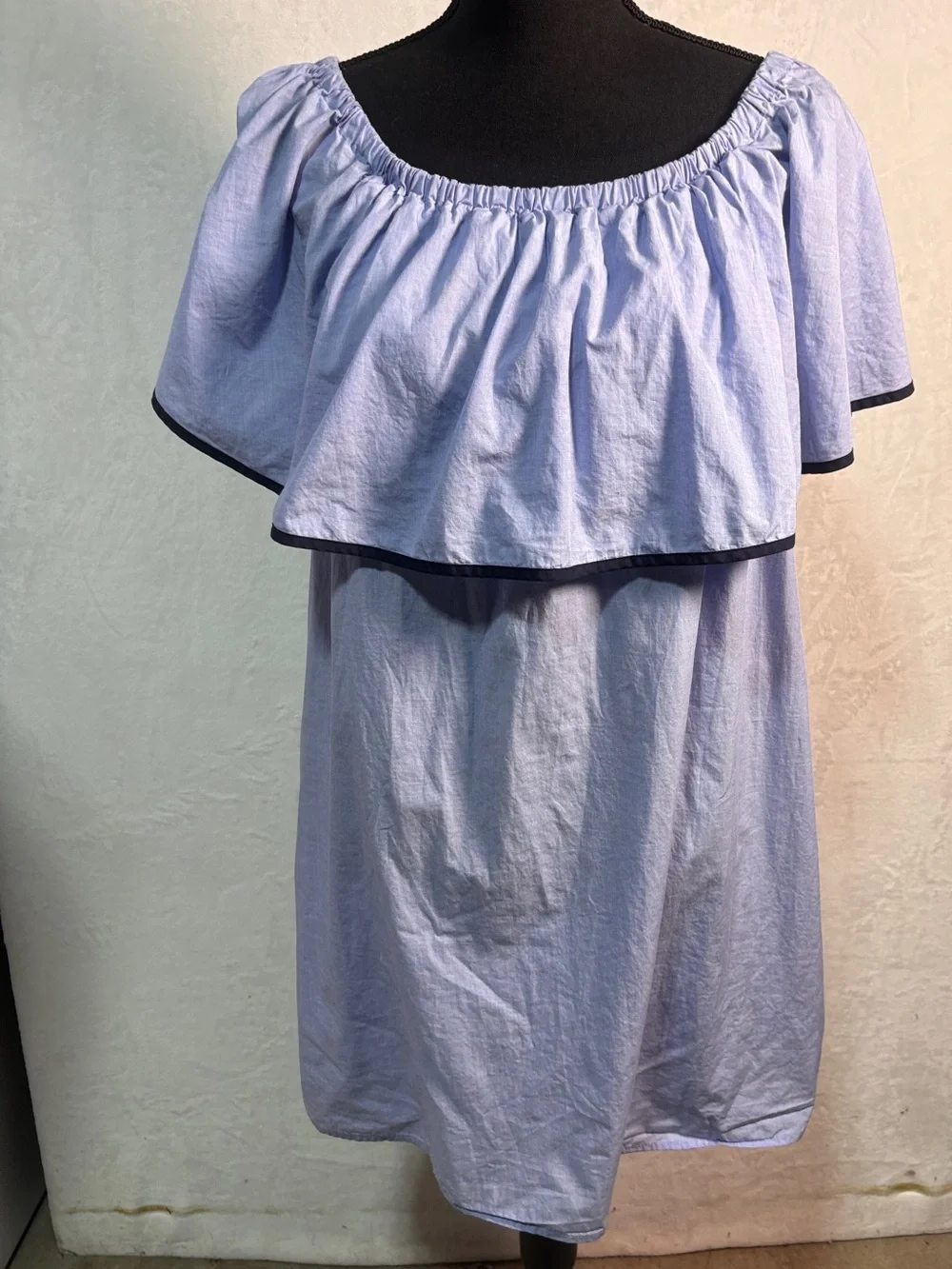 J.Crew Tipped Off The Shoulder Dress End On End Cotton Blue Ruffle Trim Large